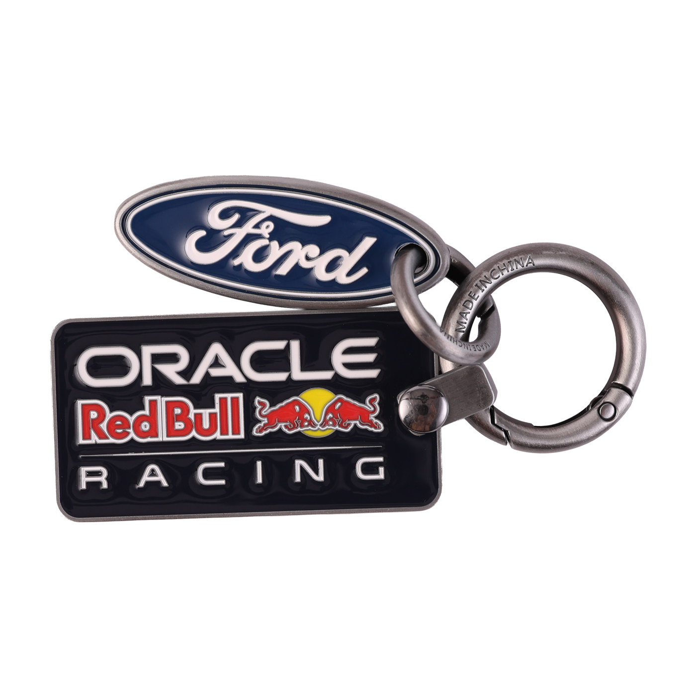 Keychain with Ford and Oracle Red Bull Racing logos on a white background